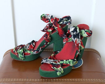 rare vintage 1940s 'make it do' wooden platform sandals • colorful rayon scarf tie high heels