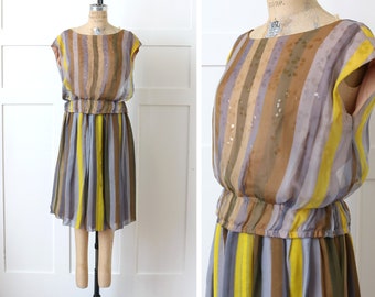 vintage 1960s Marjorie Michael striped silk dress set • sheer chiffon sequined 60s blouse & skirt