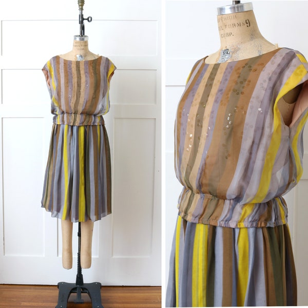 vintage 1960s Marjorie Michael striped silk dress set • sheer chiffon sequined 60s blouse & skirt