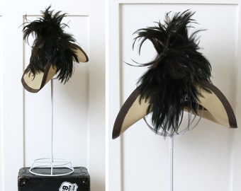 vintage 1940s dramatic feather hat • avant garde tall tilt ~ stylized fedora hat in beige & dark brown • Roberta Bernays attributed