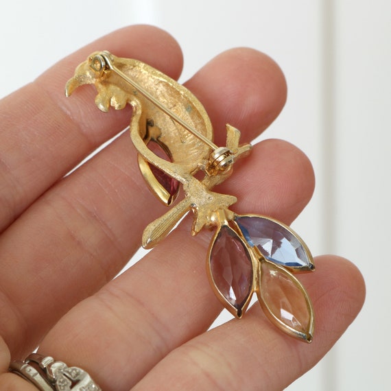 vintage brushed gold parrot brooch • pastel rhine… - image 6