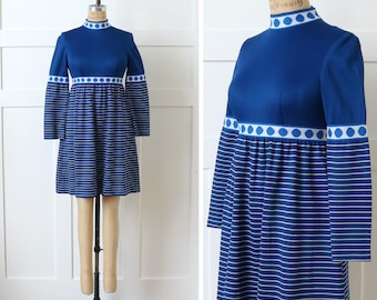 vintage 1960s mod space age dress • electric blue stripes & dots babydoll empire waist dress