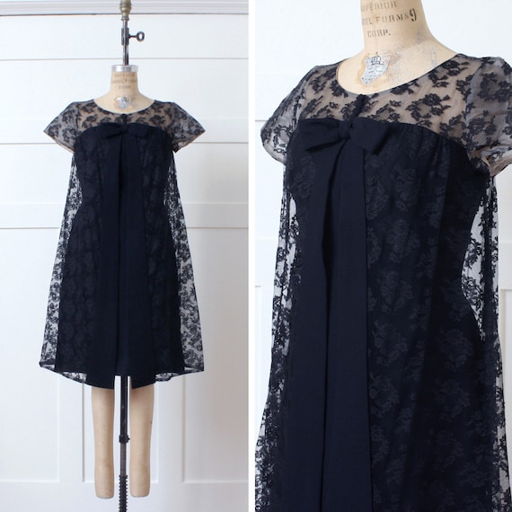 vintage 1960s black lace dress • short sleeve bow