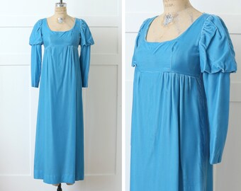 vintage 1970s turquoise blue velvet dress • full length empire waist puff sleeve dress