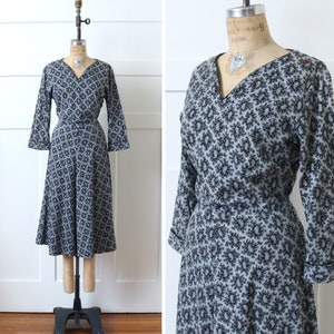 vintage 1950s day dress in gray & black paisley cotton corduroy full skirt rhinestone dress image 1