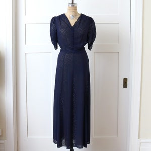 vintage 1930s navy blue puff sleeve dress semi-sheer burnout floral full length Art Deco dress image 4