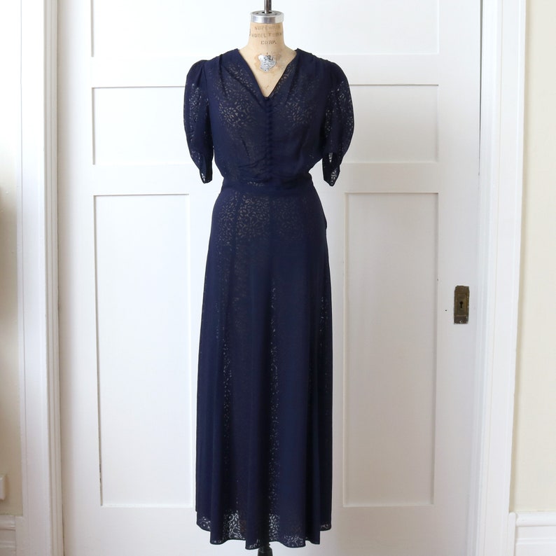 vintage 1930s navy blue puff sleeve dress semi-sheer burnout floral full length Art Deco dress image 4