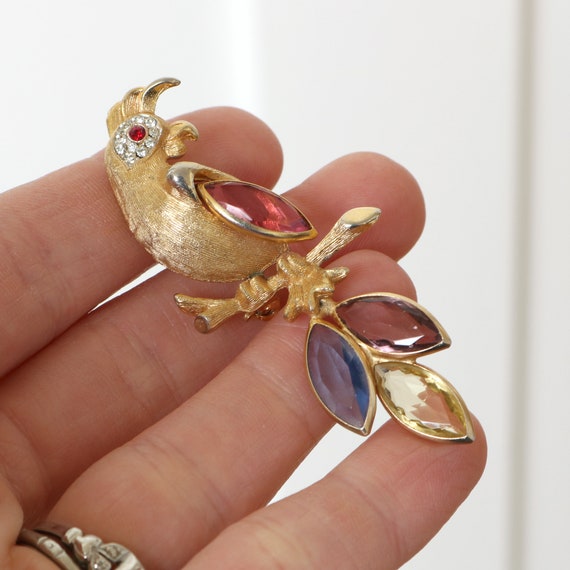 vintage brushed gold parrot brooch • pastel rhine… - image 5