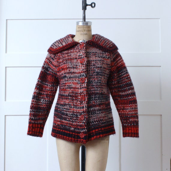 vintage 1960s 70s handknit cardigan • shawl collar