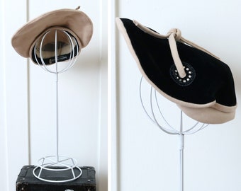 vintage 1950s formal tilt hat • MCM black & tan sculpted wool halo / portrait hat with rhinestones