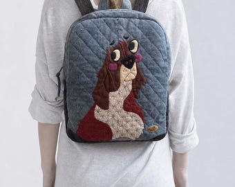 Handmade Sashiko Denim Backpack with Dog Appliqué,Quilted Patchwork Rucksack,Artistic Village Scene Backpack