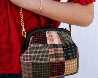 Patchwork Kiss Lock Crossbody Bag, Plaid Fabric Purse, Cottagecore Clutch, Detachable Chain Strap