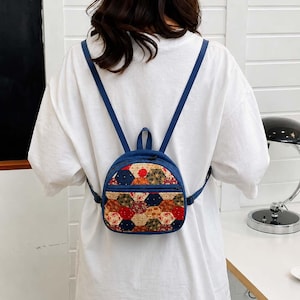 Convertible Patchwork Backpack, Foldable Cotton Travel Bag, Handmade Hexagon Quilt Tote, Japanese Inspired Backpack