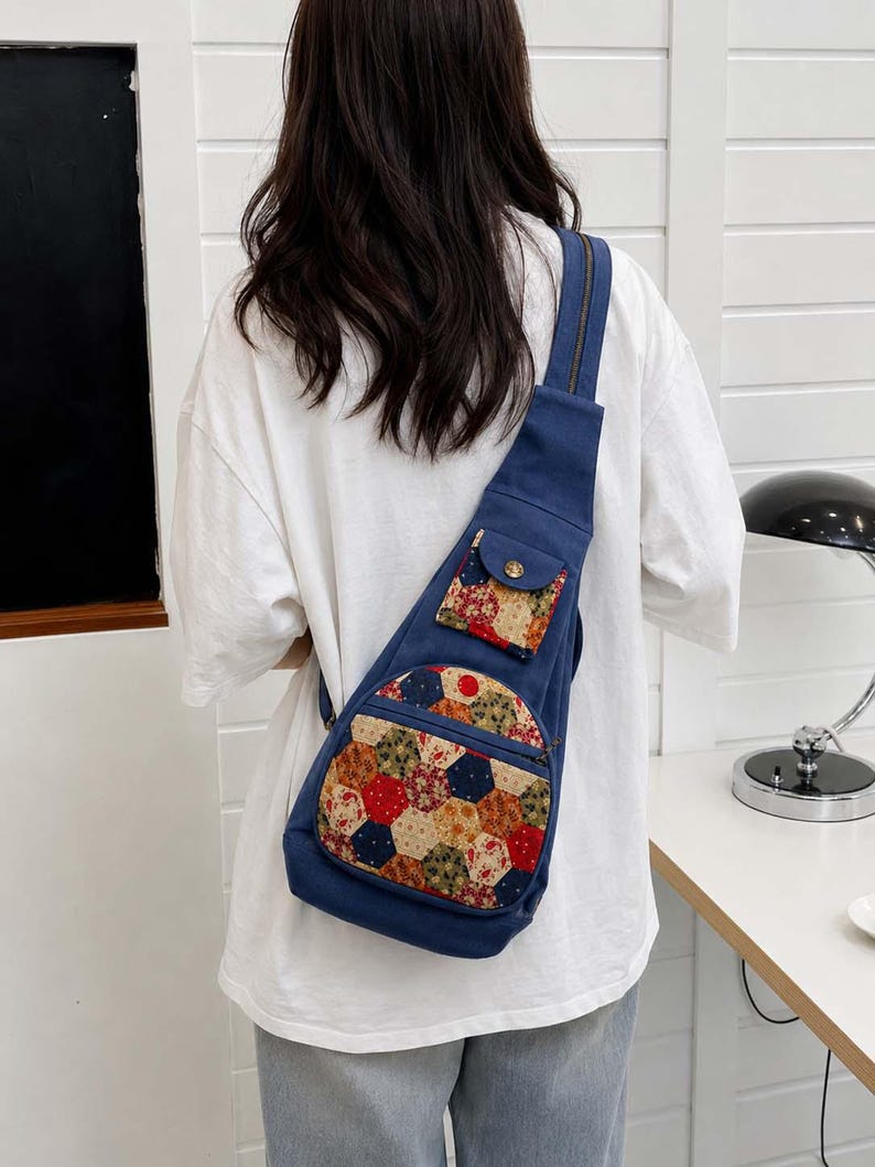 May include: A blue canvas crossbody sling bag featuring a patchwork hexagonal pattern in various floral and geometric prints on the front pocket and a smaller matching flap pocket with a gold-tone button closure and a vertical zipper.
