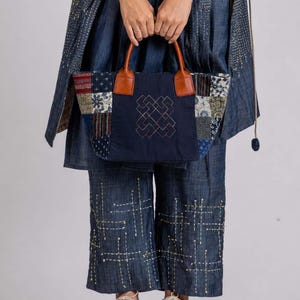 Ręcznie robiona torba typu tote Sashiko Patchwork, inspirowana Japonią bawełniana torebka z uchwytami z prawdziwej skóry