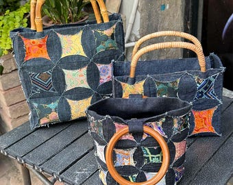 Handgefertigtes Song Brokat Denim Handtaschen Set mit Bambus und Rattan Griffen