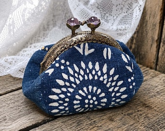 Handmade Indigo Kiss Lock Coin Purse, Japanese Fabric Frame Pouch, Vintage Style Change Purse