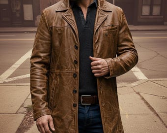 Cappotto in pelle marrone anticata da uomo – Giacca lunga in stile vintage, capospalla in vera pelle fatto a mano