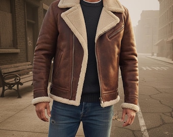 Handmade Shearling Leather Aviator Jacket – Men's Sherpa Lined Biker Coat