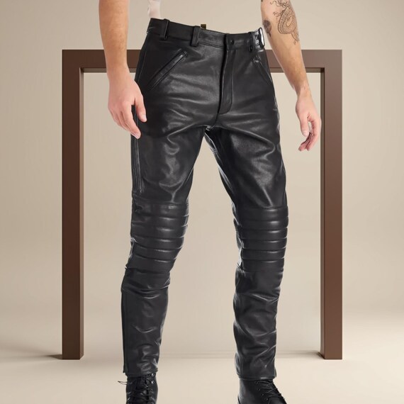 Slim Fit Black Leather Biker Pants – Ribbed Knee Motorcycle