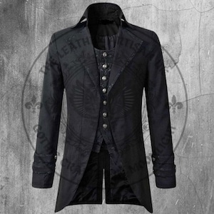 Men’s Gothic Morning Tailcoat Jacket Black Brocade Steampunk Victorian Coat for Costume & Formal Wear