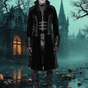 Men&#39;s Handmade Gothic Trench Coat | Genuine Leather Vampire Jacket | Steampunk Cosplay & Halloween Costume | Dark Academia Fashion | Gift