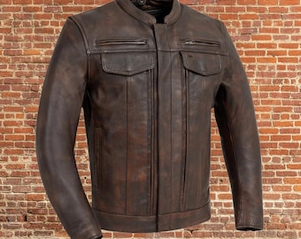 Vintage Brown Leather Biker Jacket for Men – Handmade Moto Coat