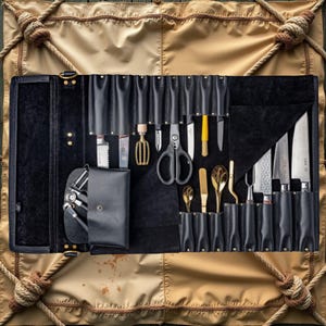 Peut inclure: Un étui à couteaux en cuir noir ouvert, présentant divers outils de cuisine, tels que des couteaux, des ciseaux et des ustensiles dorés. L'étui est posé sur un tissu beige avec des détails de corde.