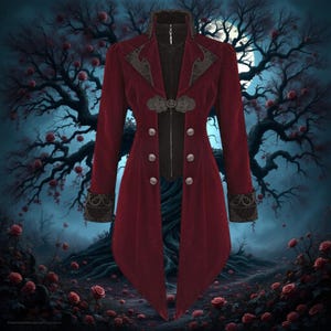 Handmade Luxurious Red Velvet Gothic Tailcoat – Victorian Steampunk Coat for Women, Cosplay Costume, Witchcore / Dark Academia Style, Custom