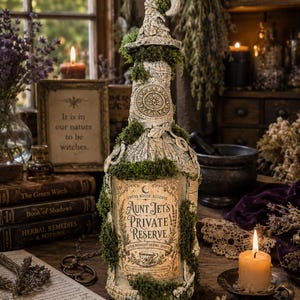 May include: A decorative glass bottle with a textured, stone-like finish, adorned with patches of green moss and a matching stopper. The label reads: Owens House Reserve, Aunt Jet's Private Reserve, After Midnight Herbal Spirits.