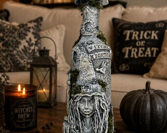 Handmade Witch Bottle: Gothic Halloween Decor with Witch Face, Moon, Cat Details 14”Tall Potion Bottle