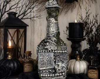 Handmade Boss Witch Potion Bottle, Spooky Black Cat Altar Decor