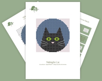 Midnight cat Kreuzstich Muster PDF | Halloween Stich für Anfänger | Witchy Moderner Digitaler Kreuzstich | Niedliche Katzenstickerei