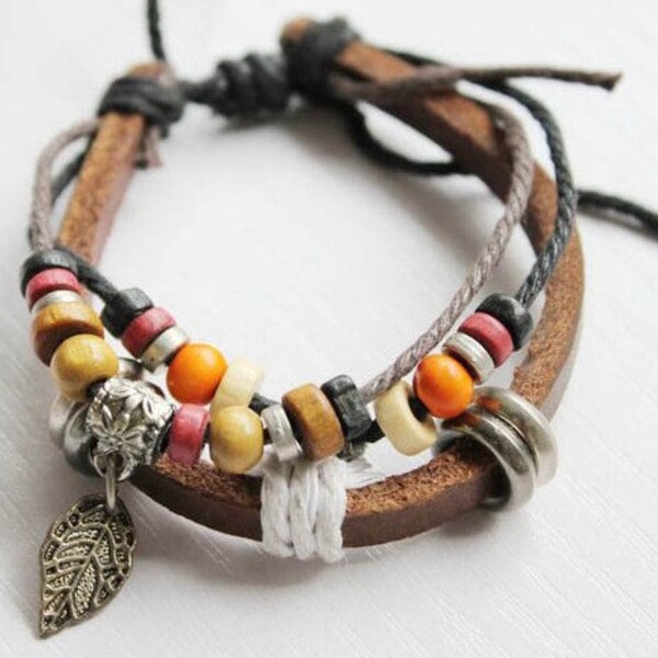 genuine leather with wooden and plastic beads bracelet leaf t008