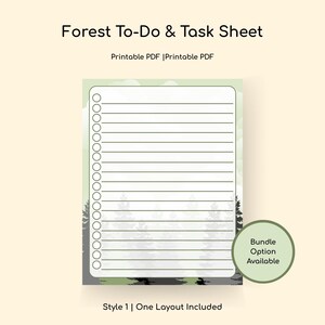 Puede incluir: Una hoja imprimible de tareas y tareas Forest To-Do con un fondo de escena de bosque. La hoja tiene una sección con líneas para notas y una columna de círculos para listas de verificación. El texto incluye "Forest To-Do & Task Sheet".