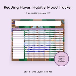 Puede incluir: Un rastreador imprimible de hábitos y estado de ánimo con el texto "Reading Haven Habit & Mood Tracker". El diseño incluye una cuadrícula para rastrear hábitos y estados de ánimo, con espacio para 31 días. Las palabras "Habits" y "Bundle Option Available" también son visibles.