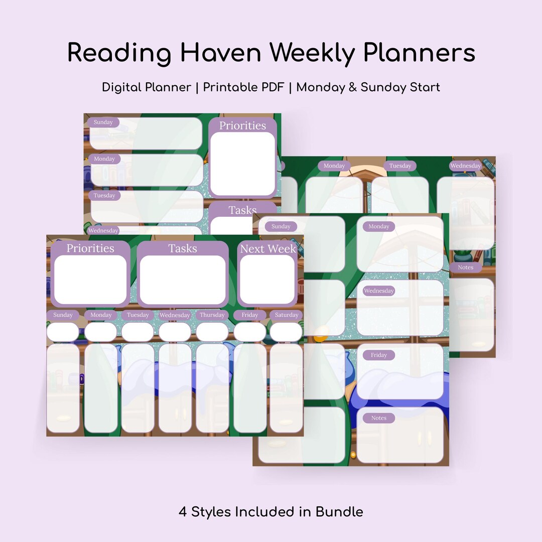 Reading Haven Weekly Planner Bundle PDF | 4 Digital Bullet Journal Week ...