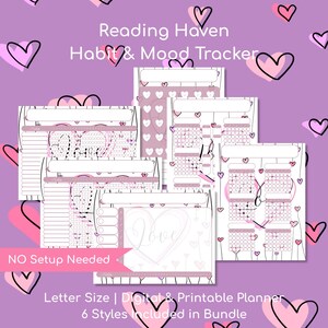 Puede incluir: Un paquete de planificadores digitales e imprimibles con un fondo morado e ilustraciones de corazones. El planificador incluye rastreadores de hábitos y estado de ánimo, con el texto "Reading Haven Habit & Mood Tracker". El paquete incluye 6 estilos y es tamaño carta.