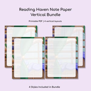 以下が含まれることがあります： 4種類の縦型ノート用紙のデザインバンドル。各デザインは、窓、本、猫のある居心地の良い読書コーナーのイラストが特徴です。「Reading Haven Note Paper Vertical Bundle」のテキストが上部にあります。「4 Styles Included in Bundle」のテキストが下部にあります。
