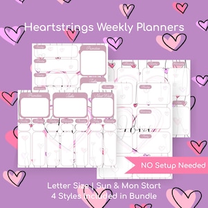 Puede incluir: Planificadores semanales con fondo morado y corazones rosas. Los planificadores tienen un interior blanco con secciones para prioridades, tareas y la próxima semana. El texto incluye "Heartstrings Weekly Planners" y "NO Setup Needed."