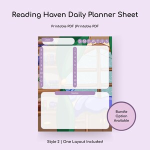 May include: A printable daily planner sheet with the text "Reading Haven Daily Planner Sheet." The design includes sections for the date, notes, and a weekly schedule. The layout features a soft color palette with a window and curtain illustration.