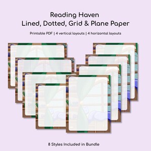 Puede incluir: Una colección de papel PDF imprimible en varios estilos, incluyendo rayado, punteado, cuadriculado y liso. La imagen muestra ocho estilos de papel diferentes con un tema de refugio de lectura. El texto en la imagen dice "Reading Haven" y "8 Styles Included in Bundle."