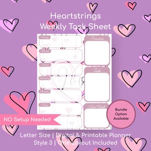 Puede incluir: Una hoja de tareas semanales digital e imprimible con un fondo morado y corazones rosas. El planificador incluye secciones para cada día de la semana, prioridades y tareas. El texto en la hoja incluye "Heartstrings Weekly Task Sheet" y "No Setup Needed."