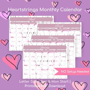 Puede incluir: Un calendario mensual en PDF imprimible con temática de corazones. El calendario incluye los meses de enero, febrero, marzo y abril. El calendario tiene un fondo morado claro con garabatos de corazones rosas y negros. El texto "Heartstrings Monthly Calendar" está en la parte superior.