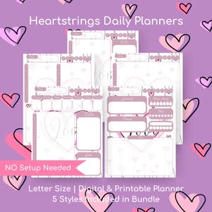 Puede incluir: Paquete de planificador digital e imprimible con fondo morado y corazones rosas. Las páginas del planificador tienen un fondo blanco con detalles en rosa e incluyen secciones para listas de tareas, gratitud y objetivos. El texto de la imagen dice "Heartstrings Daily Planners."