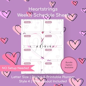 Puede incluir: Una hoja de programación semanal digital e imprimible con un fondo morado y garabatos de corazones rosas. La hoja tiene casillas para cada día de la semana, con la palabra "Love" en el centro. El texto incluye "Heartstrings" y "Weekly Schedule Sheet."