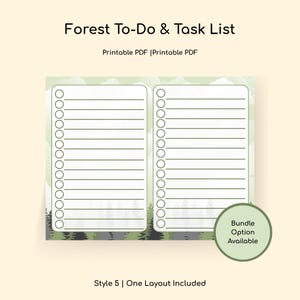 Puede incluir: Una lista de tareas imprimible "Forest To-Do & Task List" con un diseño temático de bosque. La lista presenta dos columnas de espacios con líneas y casillas de verificación, y una escena de bosque en la parte inferior. El texto dice "Forest To-Do & Task List" y "Printable PDF".
