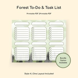 May include: A printable Forest To-Do & Task List with a green and white design. The list includes sections for tasks and notes, with a forest scene at the bottom. The text includes "Forest To-Do & Task List", "Printable PDF", and "Bundle Option Available".