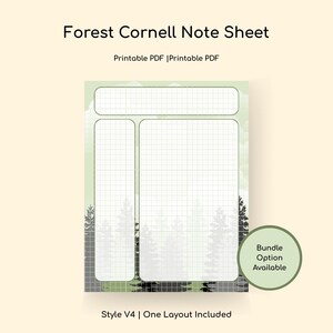 May include: A printable Forest Cornell Note Sheet with a forest-themed design. The sheet features a grid layout with a header and two main sections. The design includes a forest silhouette in shades of green and gray. Text on the sheet reads "Forest Cornell Note Sheet".