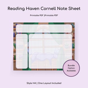 Könnte beinhalten: Ein Cornell-Notizblatt mit Rastermuster, gestaltet mit einem Bücherregal-Hintergrund. Der Text "Reading Haven Cornell Note Sheet" steht oben. Zusätzlicher Text enthält "Printable PDF" und "Bundle Option Available."